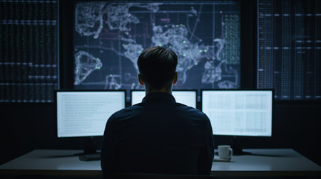 Rear view of a young businessman sitting in front of computer monitors at night.の素材