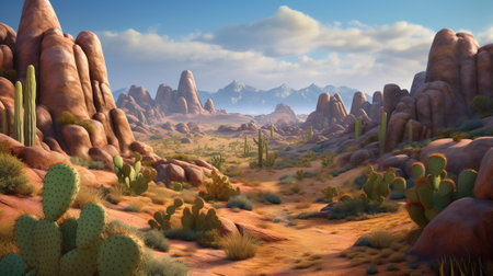 Desert landscape with cactuses and mountains. 3d renderの素材