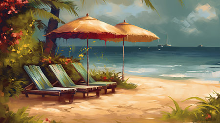Tropical beach with sunbeds and umbrellas, illustrationの素材