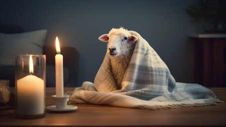 Sheep under a plaid on the table at night in the roomの素材