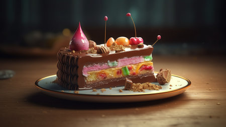 Delicious cake with fruits on the table. Selective focus. Toned.の素材