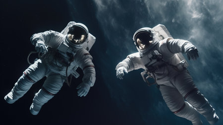 Astronaut spaceman do spacewalk while working for space station in outer space. Astronaut wear full spacesuit for space operation.の素材