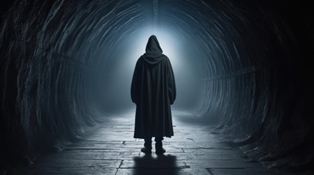 Mysterious dark tunnel with a silhouette of a woman in a dark cloakの素材