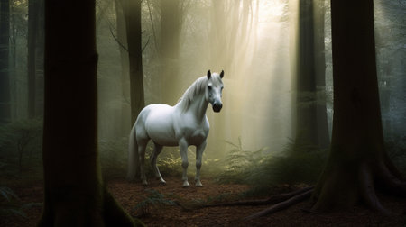White horse in a dark forest with fog and light rays. 3d renderingの素材