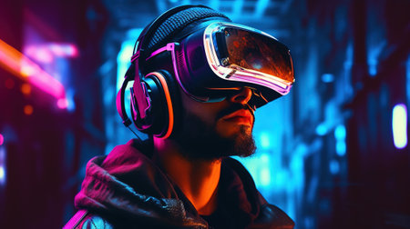 Portrait of a young man in virtual reality glasses on a dark background.の素材