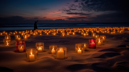 Candles on the beach with a silhouette of a man in the backgroundの素材