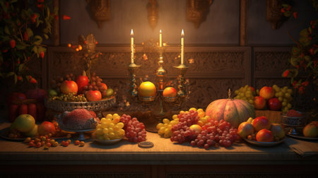 Still life with fruits and candlestick on the table at nightの素材