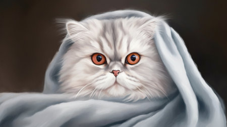 Portrait of a persian cat wrapped in a blue blanket.の素材