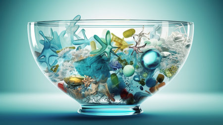 A glass bowl full of different sea life objects. 3D Renderingの素材
