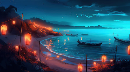 Illustration of a night view of a fishing village and a fishing boatの素材
