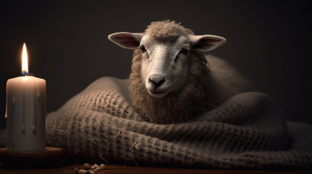 Sheep with a woolen scarf and a burning candle on a dark backgroundの素材