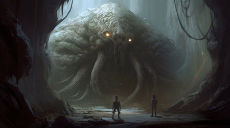 Fantasy scene in the dark cave with a man and a womanの素材