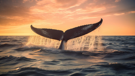 Humpback whale tail in the ocean at sunset. Beautiful nature backgroundの素材