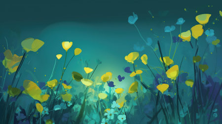 abstract floral background with yellow poppies and blue butterflies, illustrationの素材