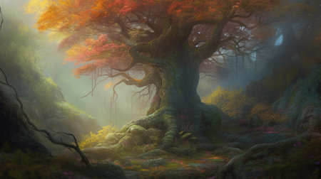 Fantasy forest with fog and autumn trees. 3D illustration.の素材