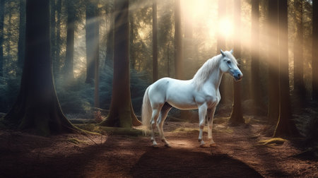 White horse in the forest at sunrise. 3D Rendering.の素材