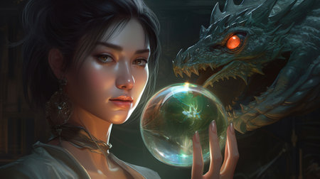 3d illustration of a beautiful girl with a crystal ball and dragonの素材