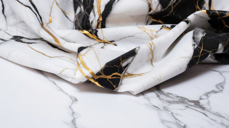 black and white silk fabric with gold veins on a white marble backgroundの素材
