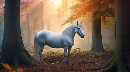 White horse in the autumn forest. 3d render. Conceptual imageの素材