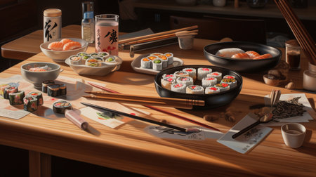 Sushi set with chopsticks on wooden table in Japanese restaurant.の素材