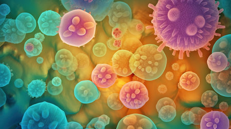 3d illustration of white blood cells in colorful background with copy spaceの素材