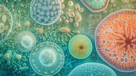 3D illustration of virus cells in infected organism. Viruses and bacteria in infected organism.の素材