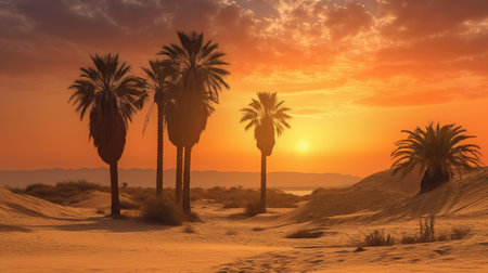 Palm trees in the desert at sunset. 3d render.の素材