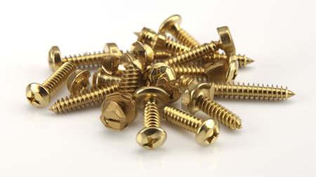 Close up of a pile of golden screws on a white background.の素材