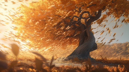 Autumn landscape with big old oak tree. 3d render illustrationの素材