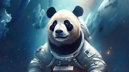 Panda in astronaut suit on space background. 3D rendering.の素材