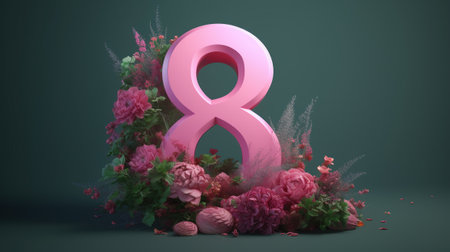 Number 8 with flowers. 3D Render. 8th of Marchの素材