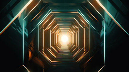 3D rendering of abstract scifi tunnel corridor with glowing lights.の素材