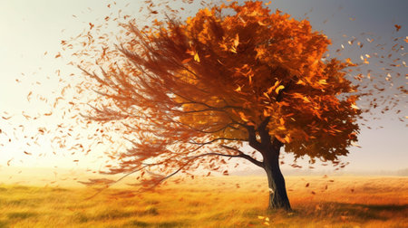 Autumn landscape with a big tree and yellow leaves. 3d renderingの素材