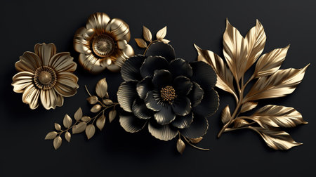 3d render of black and gold flowers with gold leaves on black backgroundの素材
