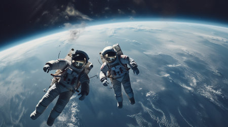Astronauts floating on the surface of the planet. Mixed mediaの素材