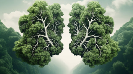 Conceptual image of green forest with trees in shape of heartの素材
