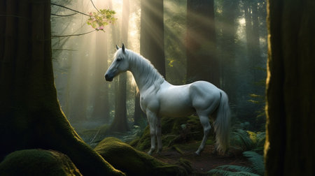 White horse in the forest. 3d render. Fantasy image.の素材