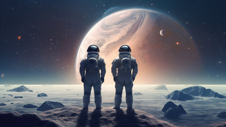 Astronauts in outer space against the background of the planet.の素材