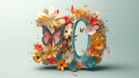 Number 0 made of colorful flowers and butterflies on blue background. 3D Renderの素材