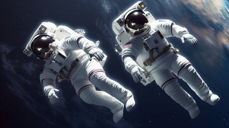 Astronaut spaceman do spacewalk while working for space station in outer space. Astronaut wear full spacesuit for space operation.の素材