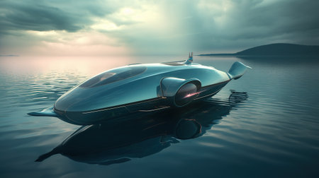 futuristic boat on the water. 3d render image.の素材