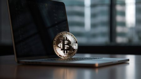 Bitcoin cryptocurrency coin on the laptop computer. Cryptocurrency concept.の素材