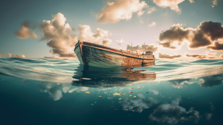 Fishing boat floating in the sea. 3D Rendering.の素材