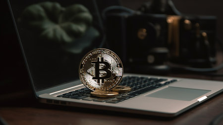 Bitcoin cryptocurrency coin on laptop computer keyboard. Cryptocurrency concept.の素材