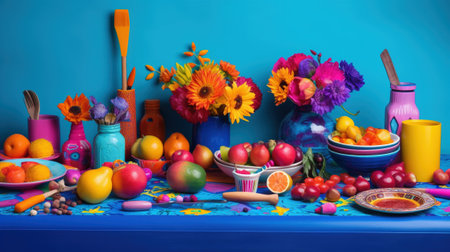 Fruits and vegetables on the table with a blue wall in the backgroundの素材