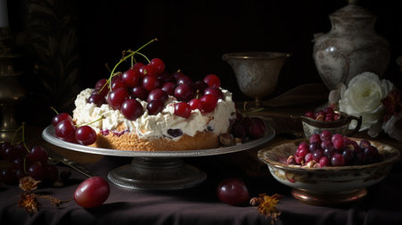 Cake with whipped cream, cherries and grapes on a dark backgroundの素材