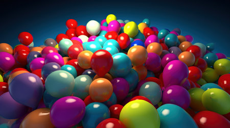 3d rendering of colorful balloons in a row on a blue backgroundの素材