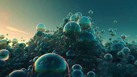 3d illustration of soap bubbles floating in the air. Beautiful backgroundの素材
