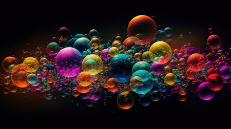 Colorful soap bubbles on black background. 3D illustration, 3D rendering.の素材