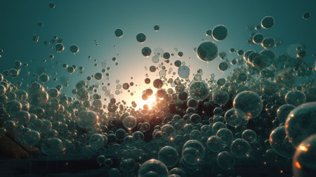 Soap bubbles floating in the air. 3d render illustration.の素材